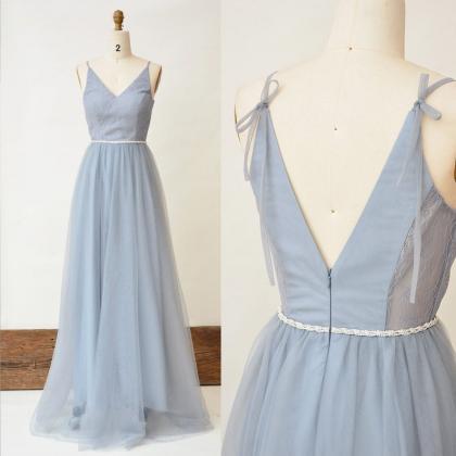 Dusty Blue Bridesmaid Dress With Bead Belt Long..