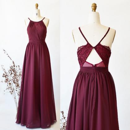 Bridesmaid Dress, Burgundy Long Prom Dress, Lace..