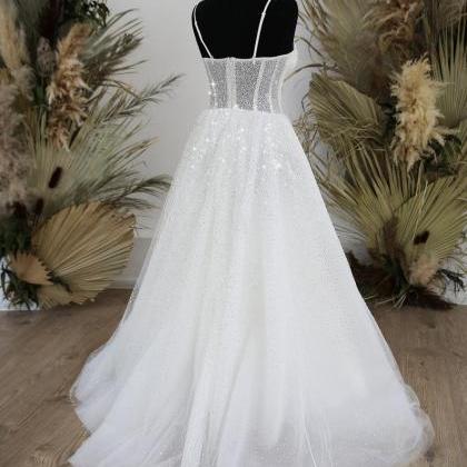 2021 Glitter Tulle Sweetheart Wedding Dress With..