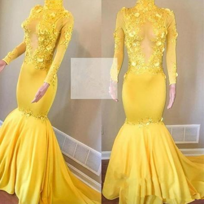 Yellow Prom Dresses Long Sleeve Mermaid High Neck..