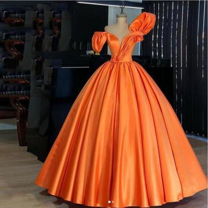 Orange Satin Puffy Prom Dresses Vintage Pleated 3d..