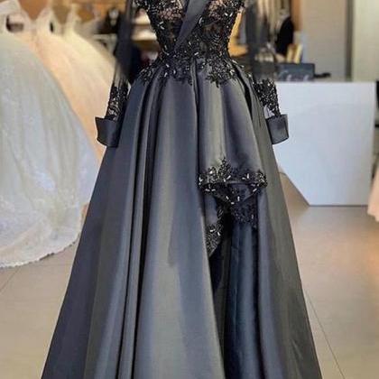 Dark Gray Satin Arabic Style Women Evening Dress,..