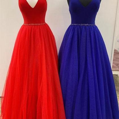 Simple Red Prom Dresses V Neck Beading Navy Blue..