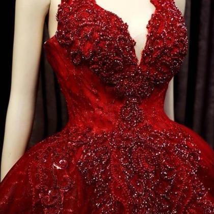 Deep Red Sparkle Beaded Thin Strap V Neck Ball..