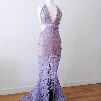 Purple Mermaid Evening Gown/ Beaded Lace Evening..