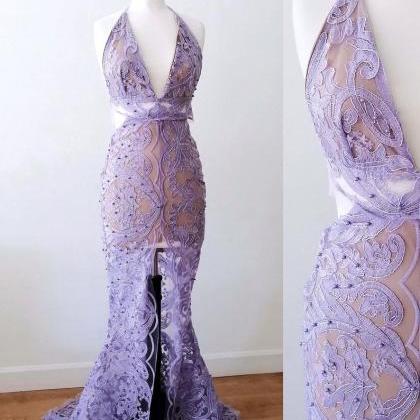 Purple Mermaid Evening Gown/ Beaded Lace Evening..