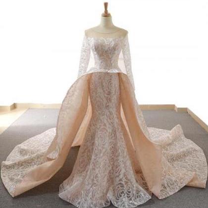 Mermaid Long Sleeves Round Neck Lace Organza Prom..
