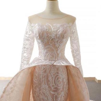 Mermaid Long Sleeves Round Neck Lace Organza Prom..