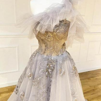 Unique Strapless Tulle Lace Prom Dress Formal..