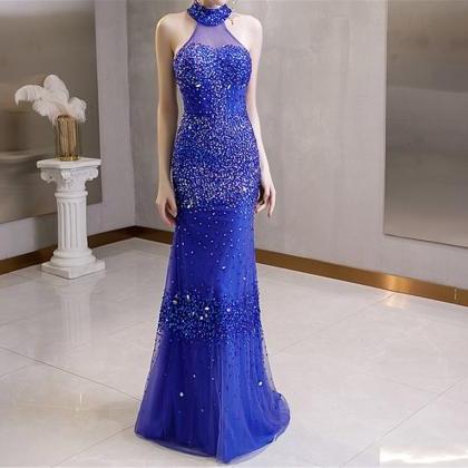 Dark Blue Mermaid Halter Wedding Dress Prom Dress..