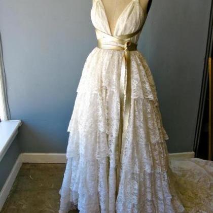 Sexy V Neck Boho Lace Wedding Dress With Tiered..