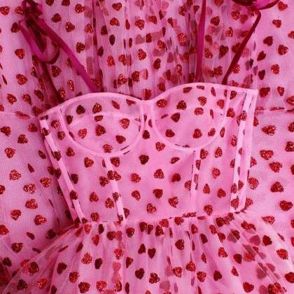 Fashion Shinning Red Heart Pink Lace Fabric ,..