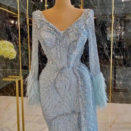 Elegant Blue Lace Mermaid Evening Dress--evening..