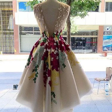 A Line Scoop Backless Appliques Satin Prom Dress LBQ0535 main image 1
