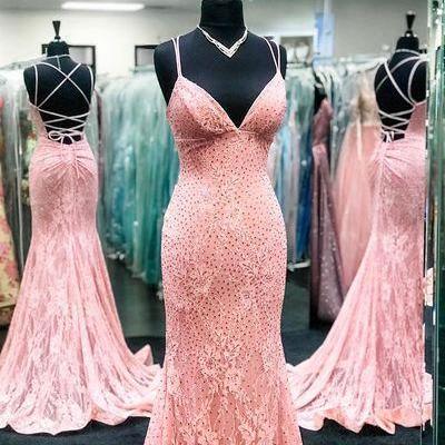 Mermaid Lace Prom Dress Lace-up Back Elegant Evening Dress  cc368