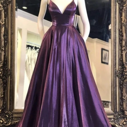 V Neck Purple Satin Long Prom Dresses, Purple..