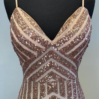 Straps Mermaid Rose Gold Sequined Evening..