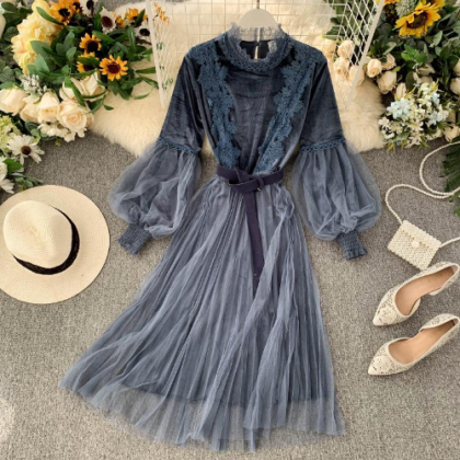 Long Sleeve Velvet Romatic Lace Party Dress.pl3593