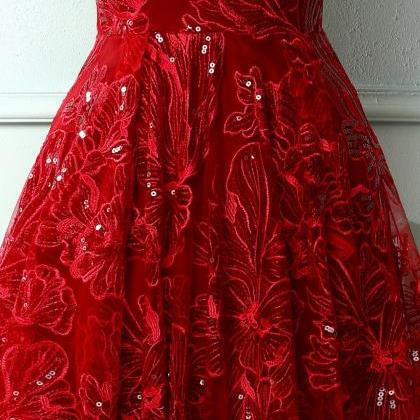 Burgundy V Neck Lace High Low Prom Dress Lace..