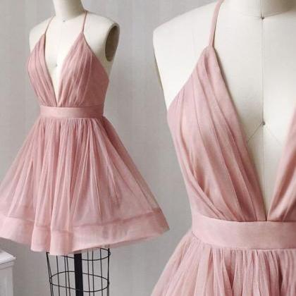 Simple V Neck Tulle Pink Short Prom Dress Pink..