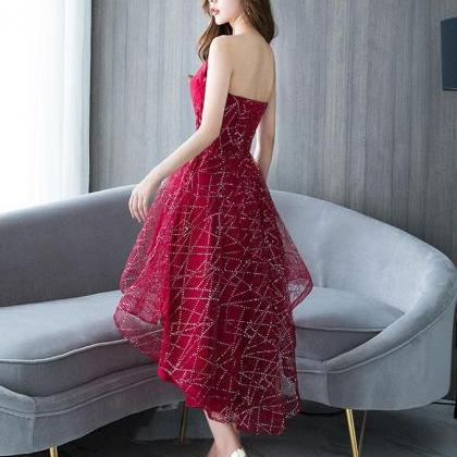 Burgundy Tulle Lace Short Prom Dress, Burgundy..