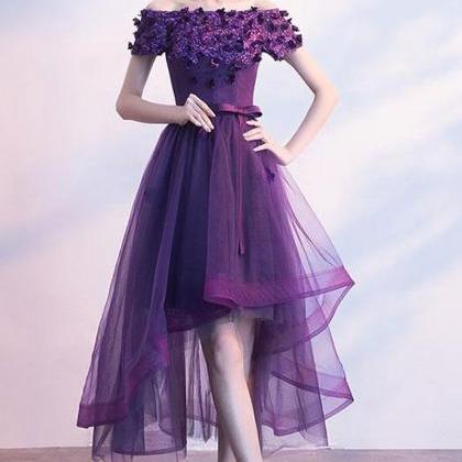 Purple Tulle Lace Short Prom Dress, Purple Evening..