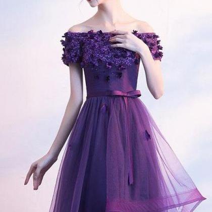 Purple Tulle Lace Short Prom Dress, Purple Evening..