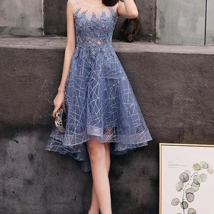 Blue Round Tulle Lace Short Prom Dress, Blue..