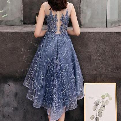 Blue Round Tulle Lace Short Prom Dress, Blue..