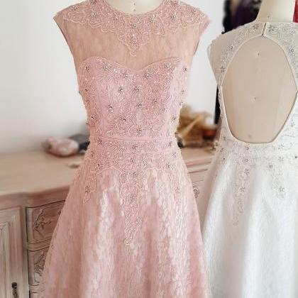 Cute Round Neck Tulle Lace Short Prom Dress Lace..