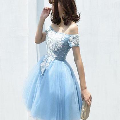 Cute Tulle Blue Lace Applique Short Prom Dress,..