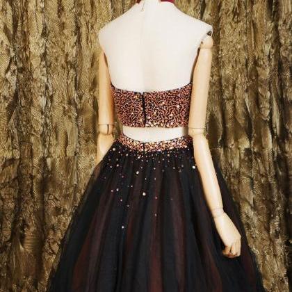 Black Two Pieces Beads Tulle Short Prom Dress..
