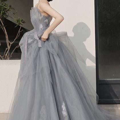 Gray Tulle Lace Long Ball Gown Dress Formal..