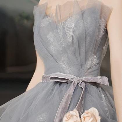 Gray Tulle Lace Long Ball Gown Dress Formal..