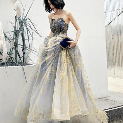 Blue Tulle Long Ball Gown Dress Blue A Line..