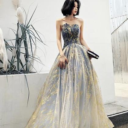 Blue Tulle Long Ball Gown Dress Blue A Line..