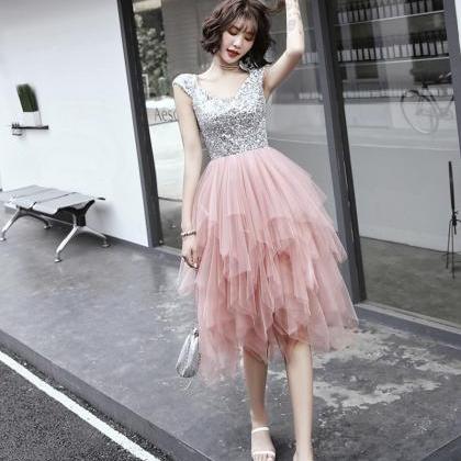 Pink A Line Irregular Tulle Prom Dress Evening..
