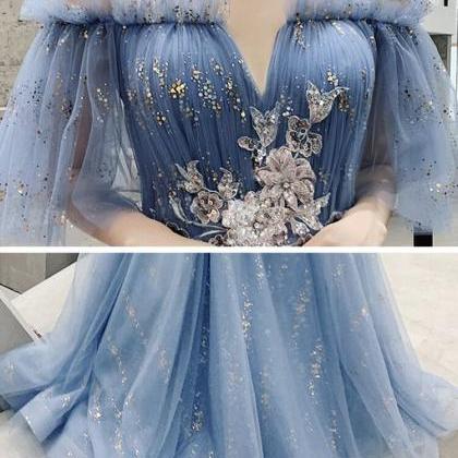 Blue Tulle Sequins Long Prom Dress Evening..
