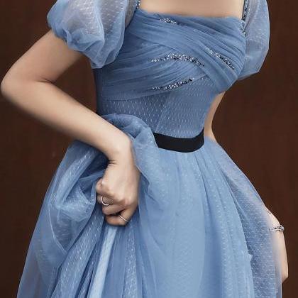 Elegant Blue Tulle Long Ball Gown Dress Evening..