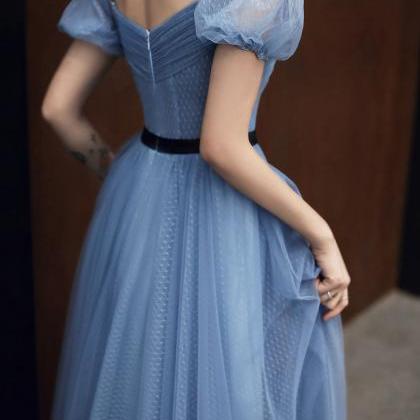 Elegant Blue Tulle Long Ball Gown Dress Evening..