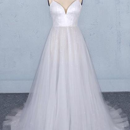 White Tulle Sequins Long Prom Dress White Evening..