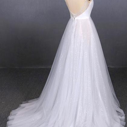 White Tulle Sequins Long Prom Dress White Evening..