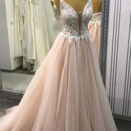 Champagne V Neck Tulle Lace Long Prom Dress, Lace..