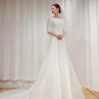 ,satin Bridal Dress, Mid Sleeve Wedding..