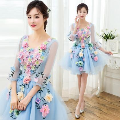 ,blue Homecoming Dress,floral Fancy Party..