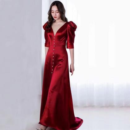 Style,red Slim Dress, Sexy Little Tail, V-neck..