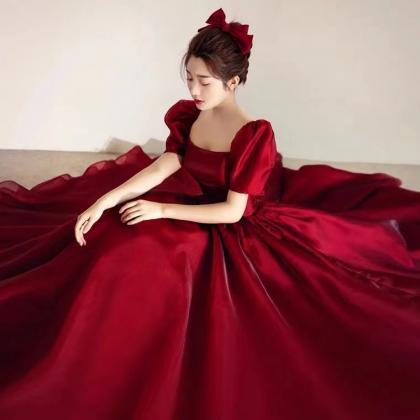 French Satin Red Dress, Style, Princess Ball Gown..