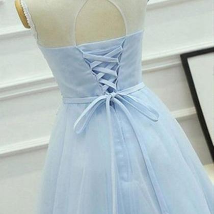 A Line Round Neck Lace Blue Short Prom Dress,..