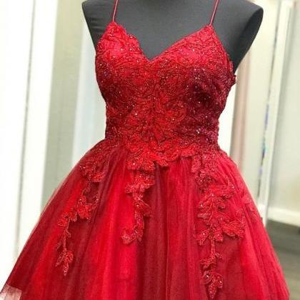 A Line V Neck Backless Lace Red Short Prom Dress..