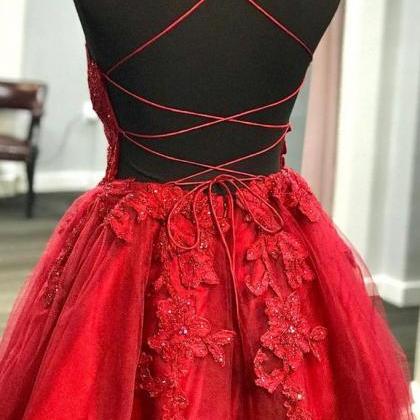A Line V Neck Backless Lace Red Short Prom Dress..